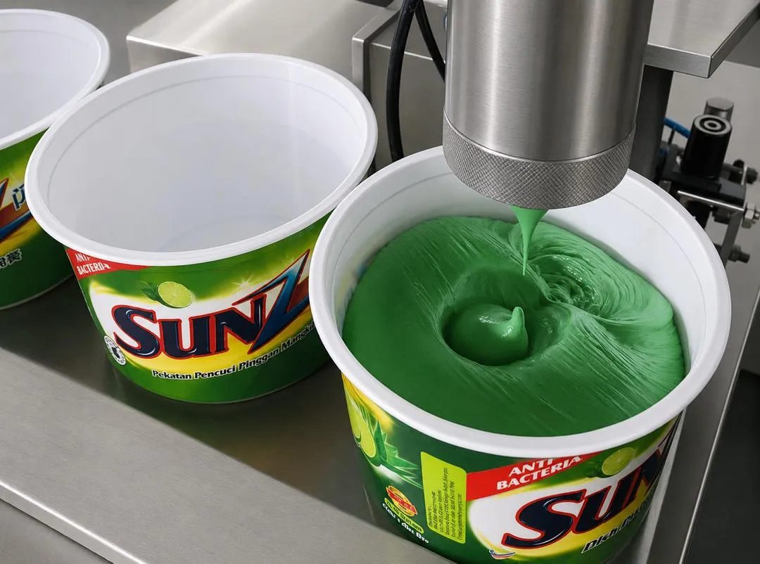 Filling dishwashing paste on the production line
